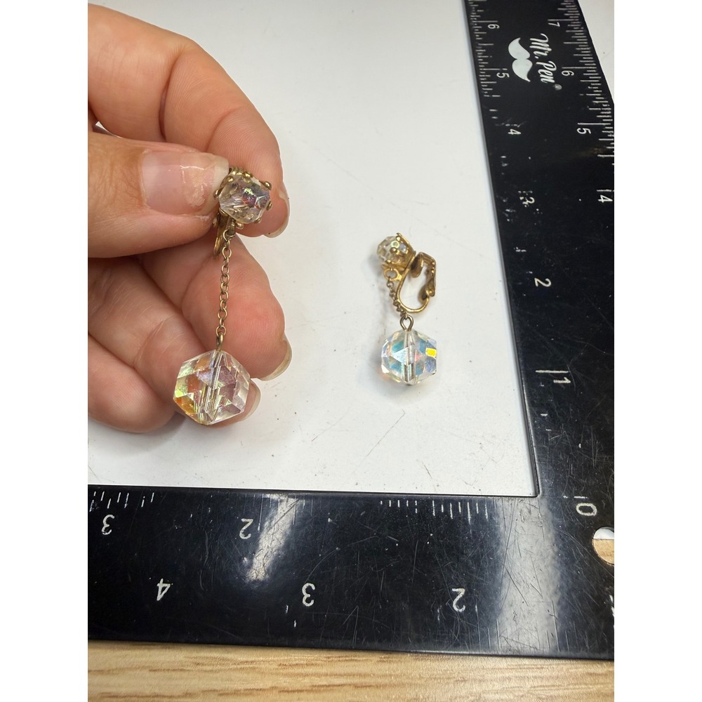 Gold Tone Aurora Borealis Crystal Drop Dangle Clip On Earrings